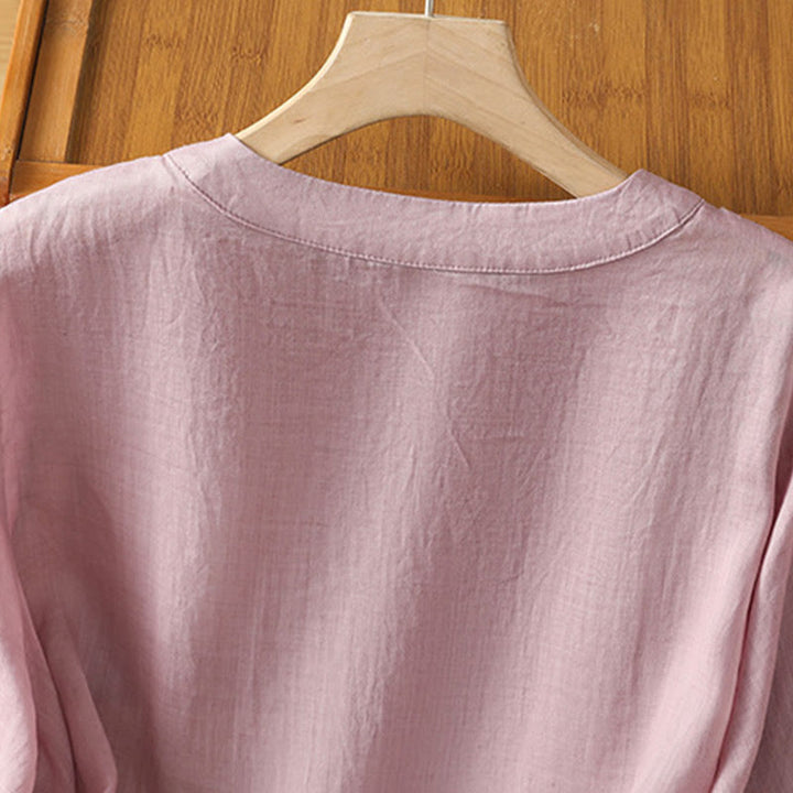 Buddha Stones Symmetrical Embroidery Cotton Women's Crew Neck Shirt - image 12