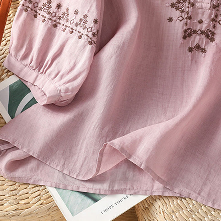 Buddha Stones Symmetrical Embroidery Cotton Women's Crew Neck Shirt - image 10