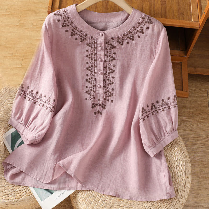 Buddha Stones Symmetrical Embroidery Cotton Women's Crew Neck Shirt - Plum - US14，UK/AU18，EU46 (2XL) - image 6