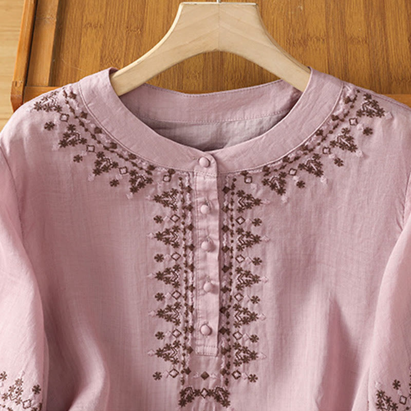 Buddha Stones Symmetrical Embroidery Cotton Women's Crew Neck Shirt - image 13