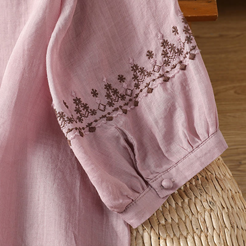 Buddha Stones Symmetrical Embroidery Cotton Women's Crew Neck Shirt - image 11