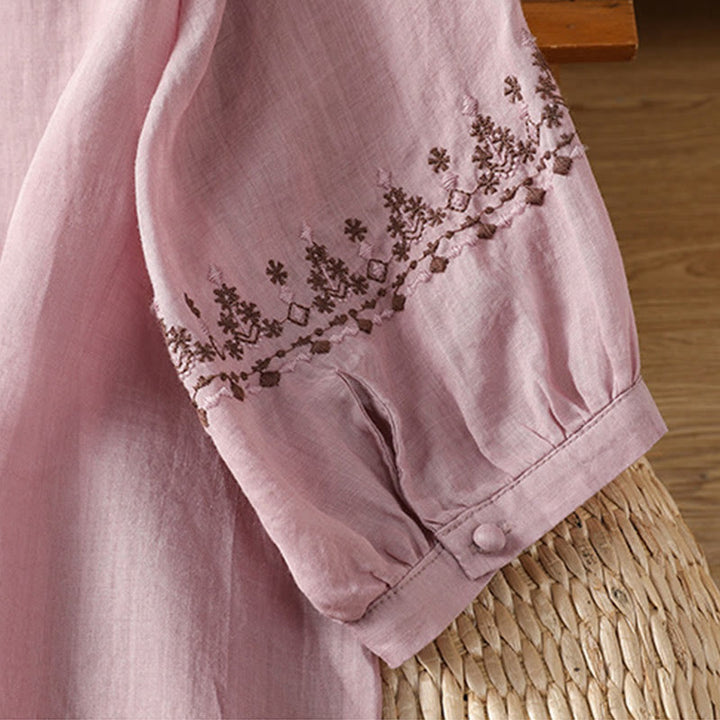 Buddha Stones Symmetrical Embroidery Cotton Women's Crew Neck Shirt - image 11