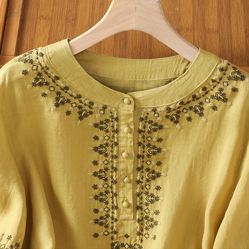 Buddha Stones Symmetrical Embroidery Cotton Women's Crew Neck Shirt - image 19