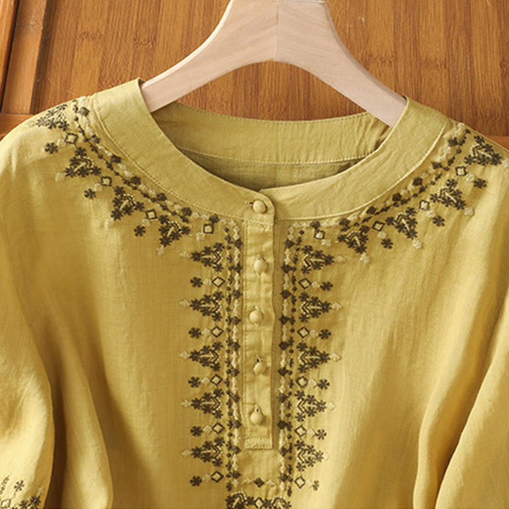 Buddha Stones Symmetrical Embroidery Cotton Women's Crew Neck Shirt - image 19