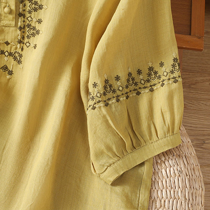 Buddha Stones Symmetrical Embroidery Cotton Women's Crew Neck Shirt - image 20
