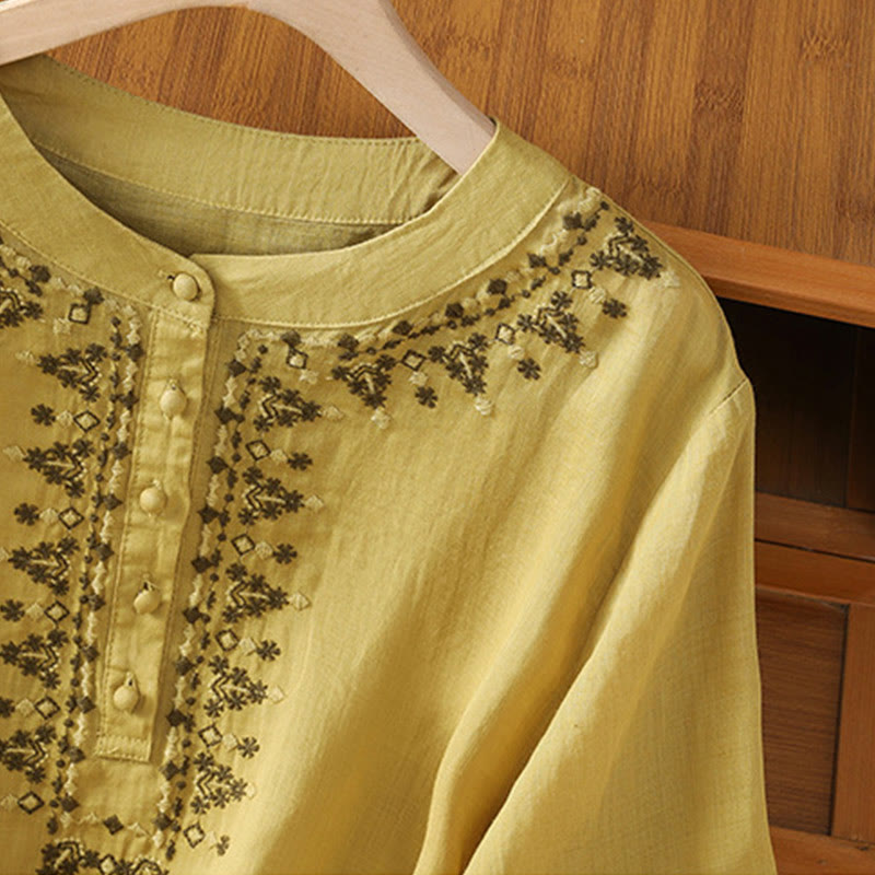 Buddha Stones Symmetrical Embroidery Cotton Women's Crew Neck Shirt - image 21