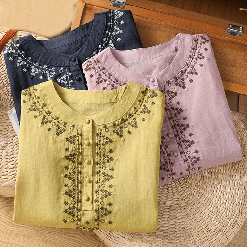 Buddha Stones Symmetrical Embroidery Cotton Women's Crew Neck Shirt - image 23