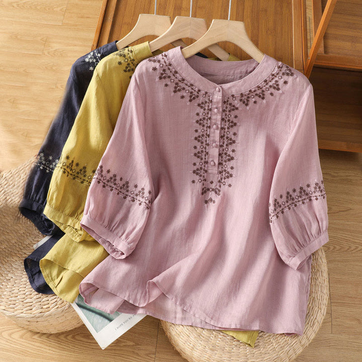 Buddha Stones Symmetrical Embroidery Cotton Women's Crew Neck Shirt - image 22