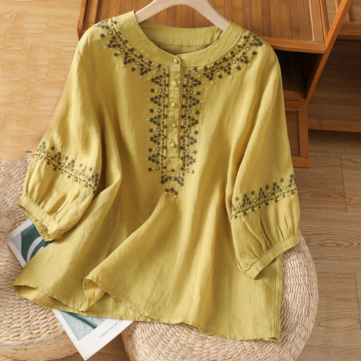 Buddha Stones Symmetrical Embroidery Cotton Women's Crew Neck Shirt - Khaki - US14，UK/AU18，EU46 (2XL) - image 15