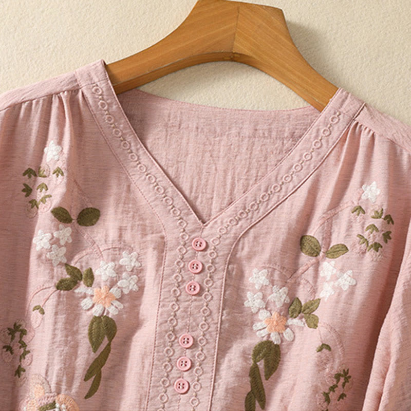 Buddha Stones Embroidery Flowers Leaves Cotton Women's V-neck Shirt - image 2