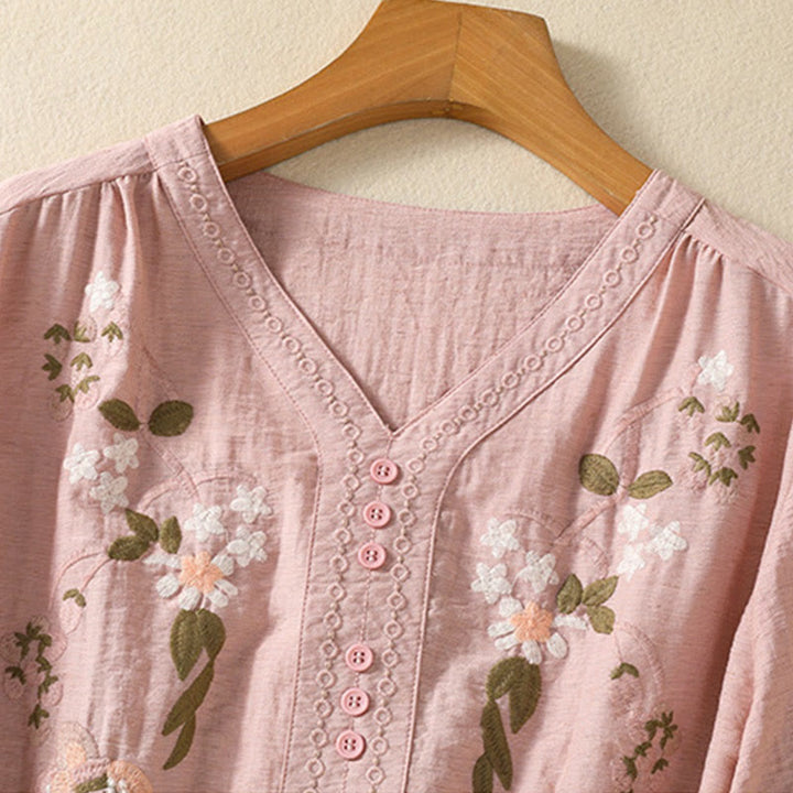 Buddha Stones Embroidery Flowers Leaves Cotton Women's V-neck Shirt - image 2