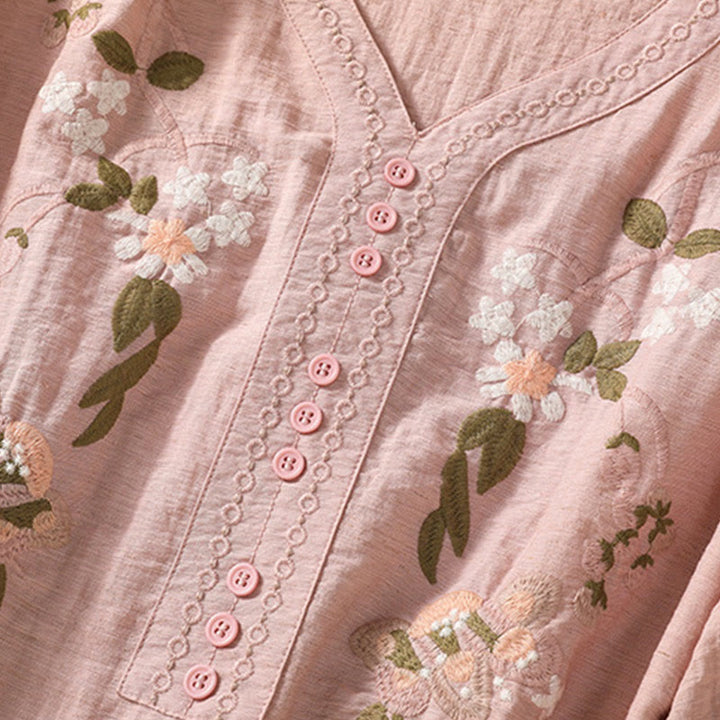 Buddha Stones Embroidery Flowers Leaves Cotton Women's V-neck Shirt - image 5