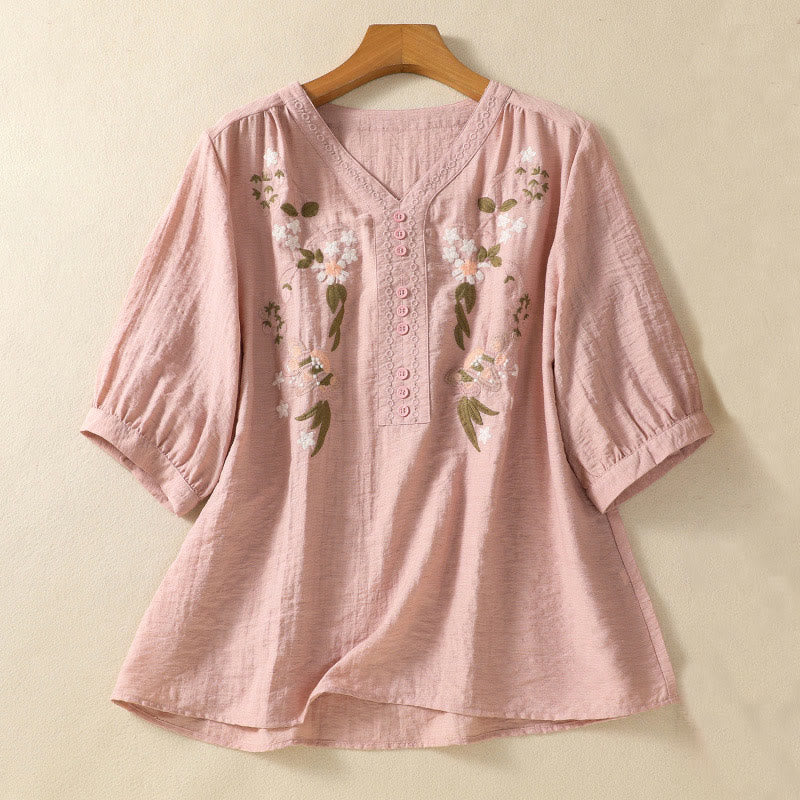 Buddha Stones Embroidery Flowers Leaves Cotton Women's V-neck Shirt - Pink - US14，UK/AU18，EU46 (2XL) - image 0
