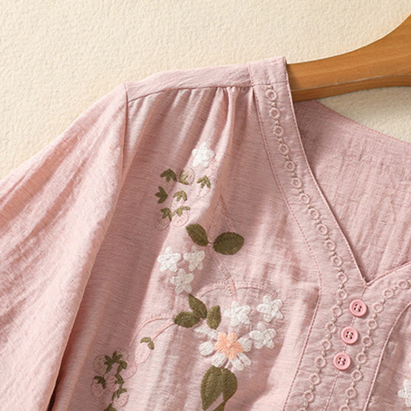Buddha Stones Embroidery Flowers Leaves Cotton Women's V-neck Shirt - image 4