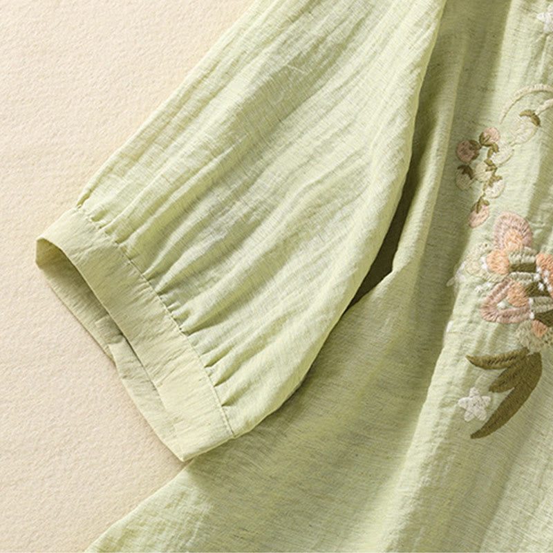 Buddha Stones Embroidery Flowers Leaves Cotton Women's V-neck Shirt - image 16