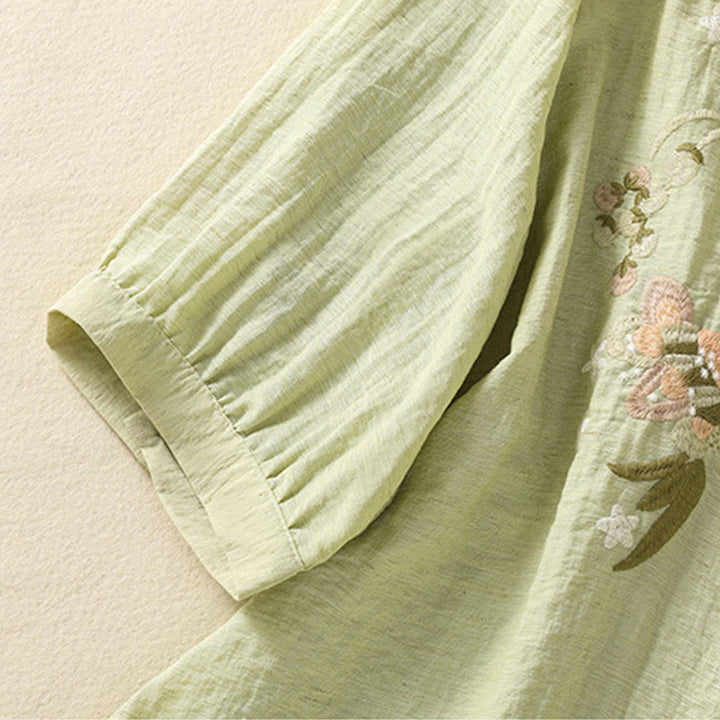 Buddha Stones Embroidery Flowers Leaves Cotton Women's V-neck Shirt - image 16