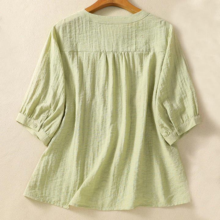 Buddha Stones Embroidery Flowers Leaves Cotton Women's V-neck Shirt - image 11