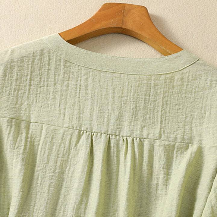 Buddha Stones Embroidery Flowers Leaves Cotton Women's V-neck Shirt - image 13