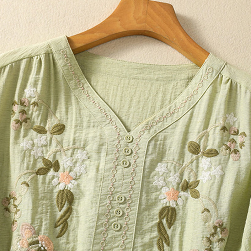 Buddha Stones Embroidery Flowers Leaves Cotton Women's V-neck Shirt - image 12