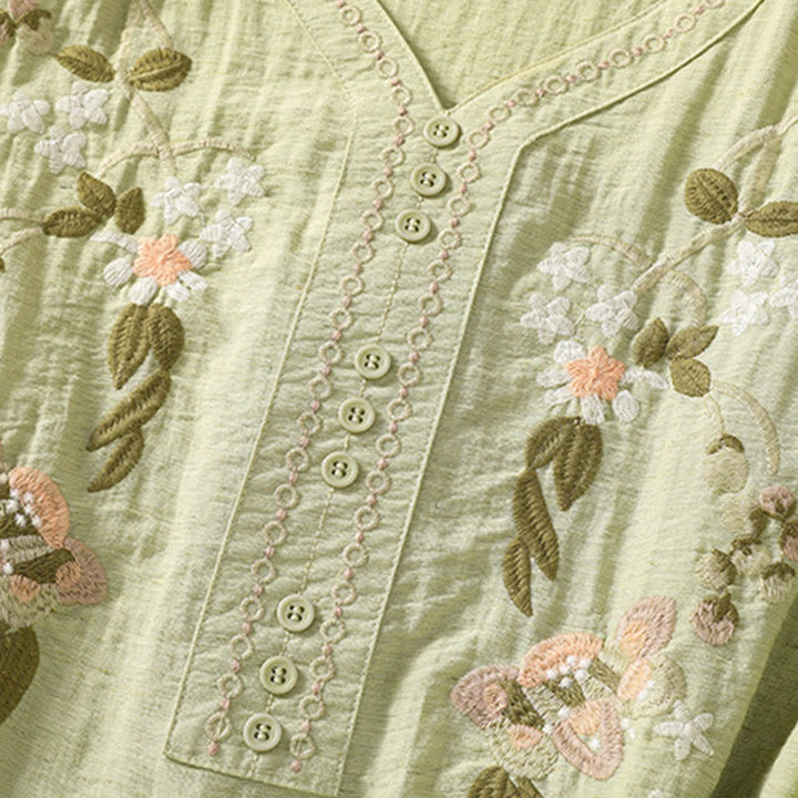 Buddha Stones Embroidery Flowers Leaves Cotton Women's V-neck Shirt - image 15