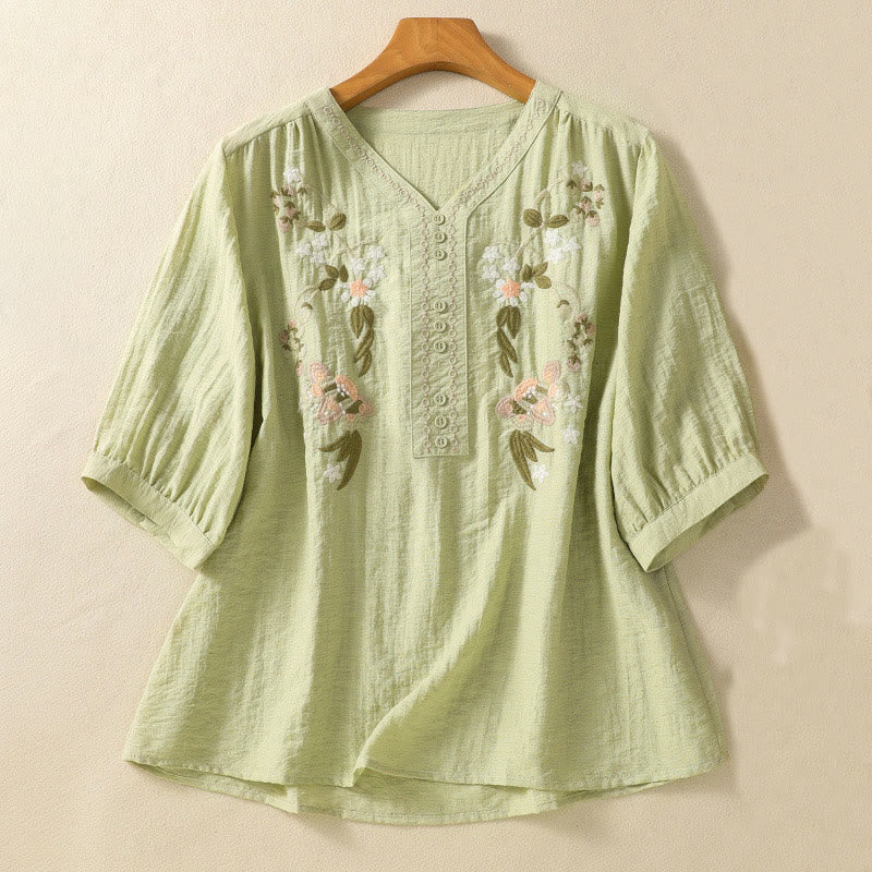Buddha Stones Embroidery Flowers Leaves Cotton Women's V-neck Shirt - LightGreen - US14，UK/AU18，EU46 (2XL) - image 10