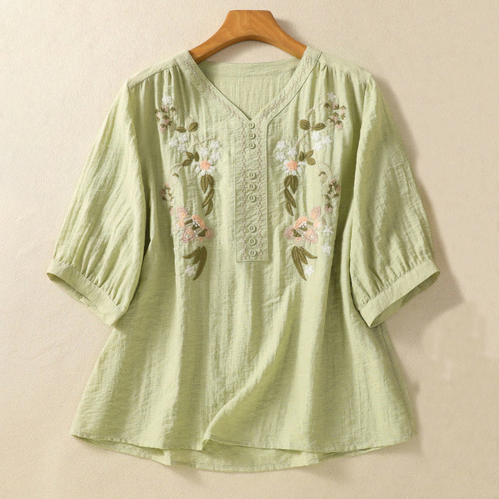 Buddha Stones Embroidery Flowers Leaves Cotton Women's V-neck Shirt - LightGreen - US14，UK/AU18，EU46 (2XL) - image 10