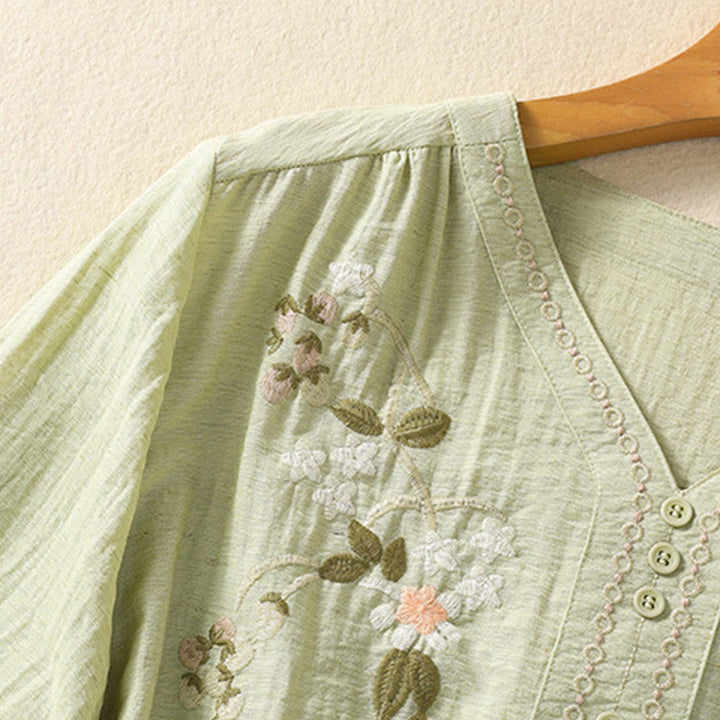 Buddha Stones Embroidery Flowers Leaves Cotton Women's V-neck Shirt - image 14
