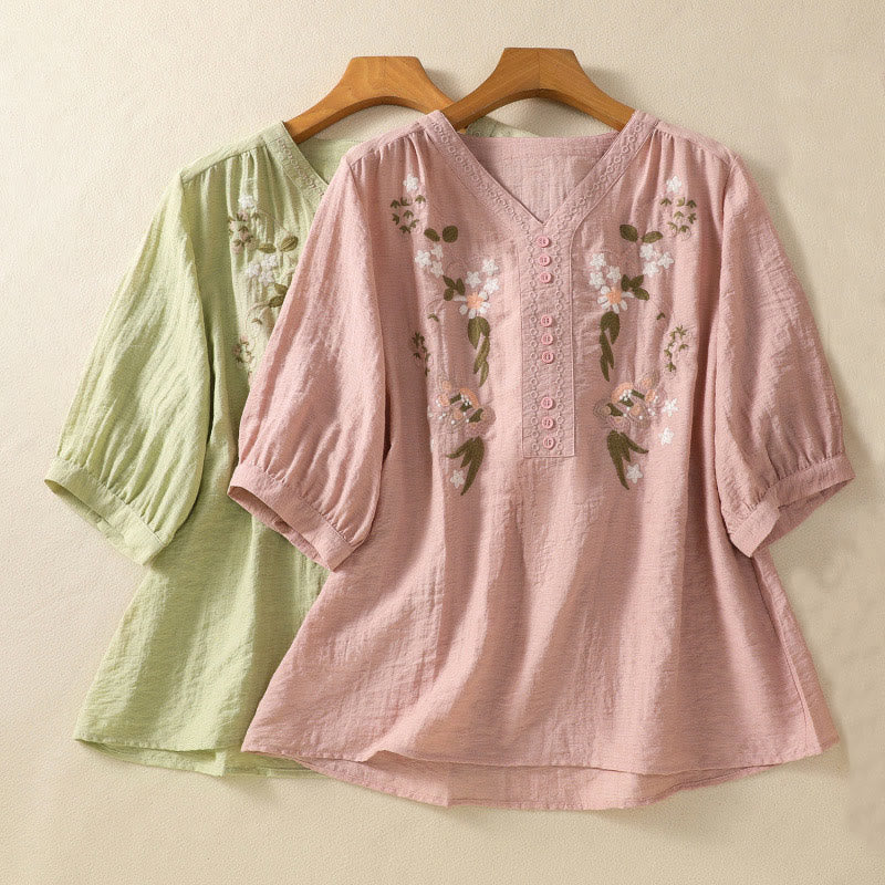 Buddha Stones Embroidery Flowers Leaves Cotton Women's V-neck Shirt - image 19