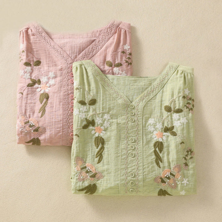 Buddha Stones Embroidery Flowers Leaves Cotton Women's V-neck Shirt - image 20