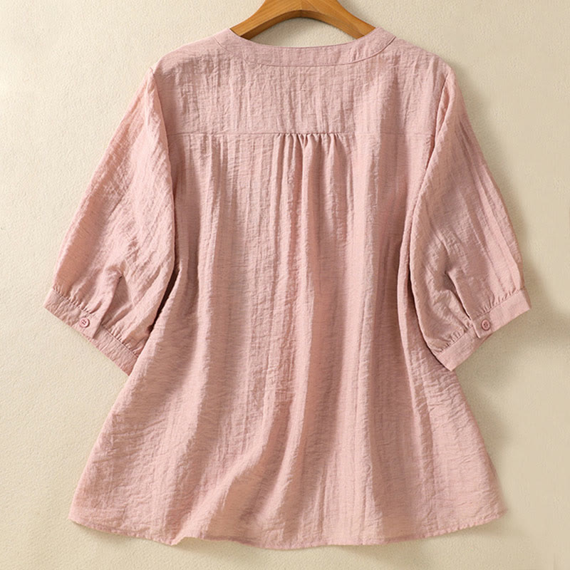 Buddha Stones Embroidery Flowers Leaves Cotton Women's V-neck Shirt - image 1