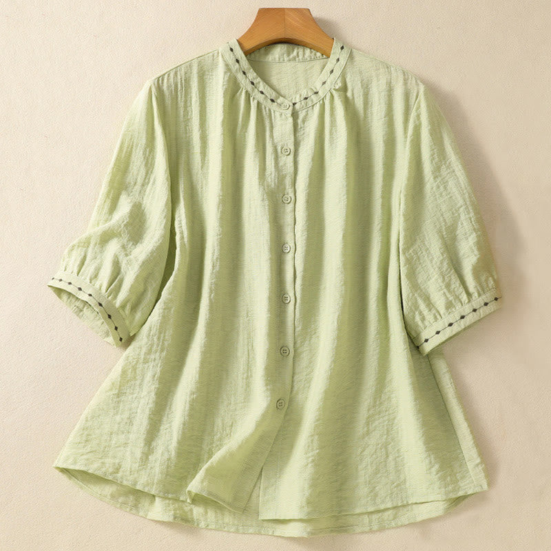 Buddha Stones Embroidery Design Cotton Button Women's Crew Neck Shirt - LightGreen - US14，UK/AU18，EU46 (2XL) - image 0