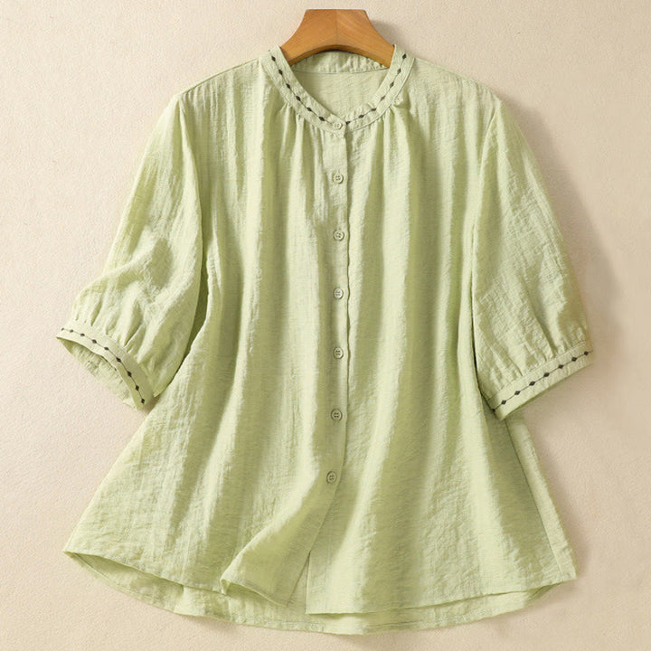 Buddha Stones Embroidery Design Cotton Button Women's Crew Neck Shirt - LightGreen - US14，UK/AU18，EU46 (2XL) - image 0