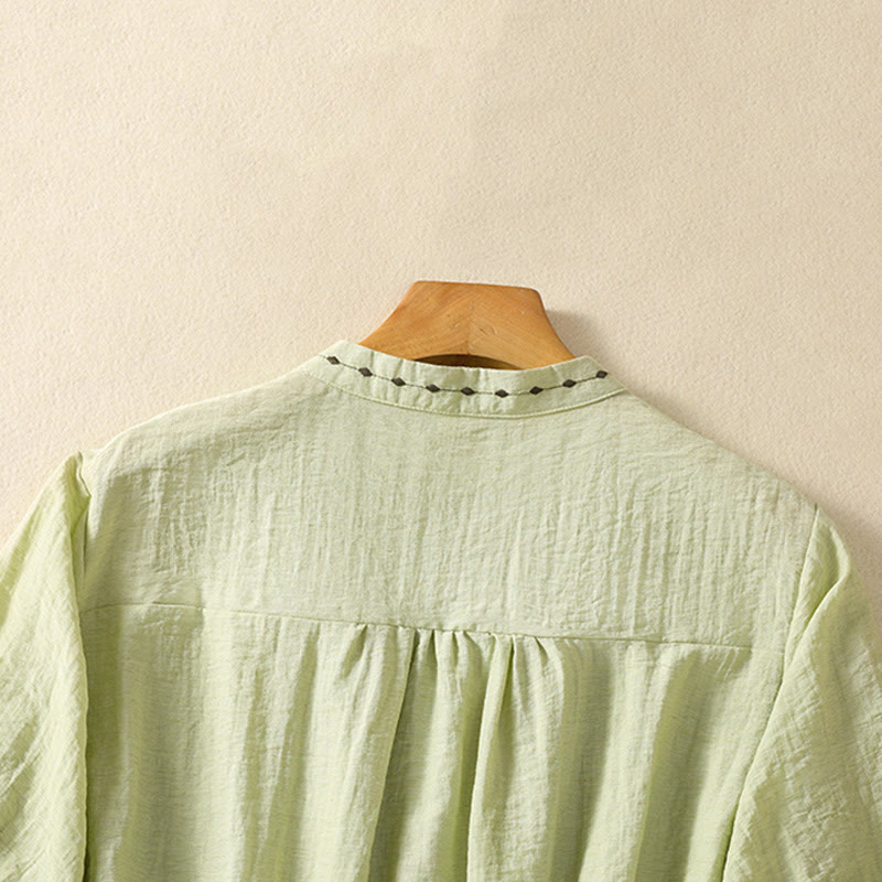 Buddha Stones Embroidery Design Cotton Button Women's Crew Neck Shirt - image 3
