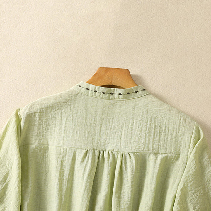 Buddha Stones Embroidery Design Cotton Button Women's Crew Neck Shirt - image 3