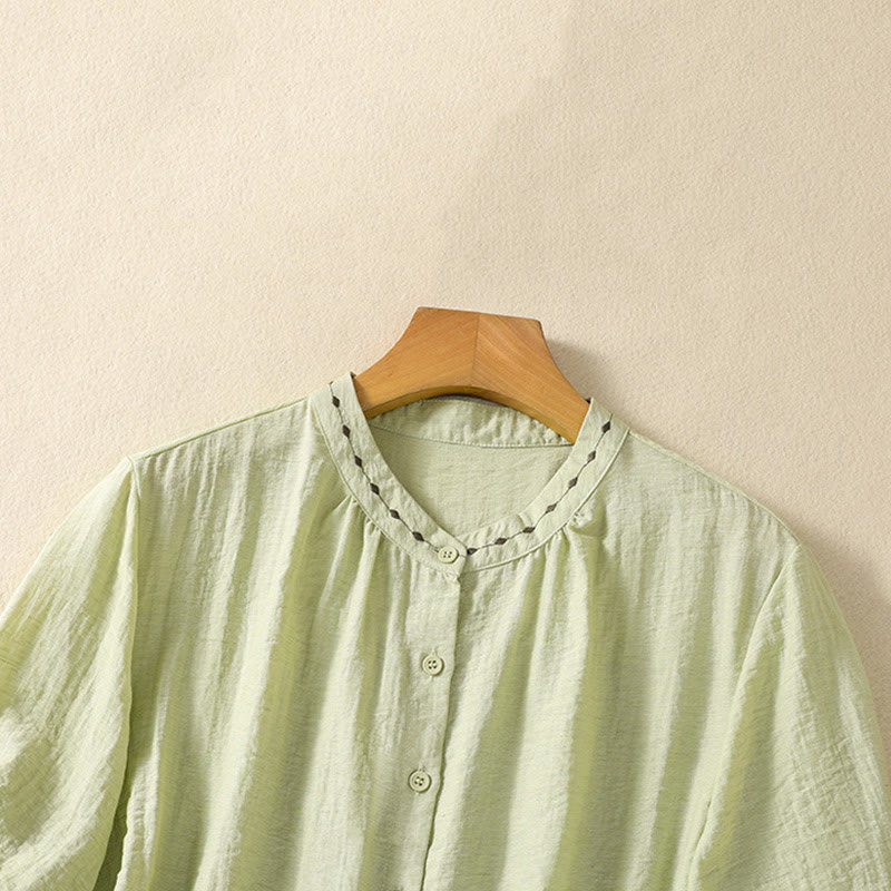 Buddha Stones Embroidery Design Cotton Button Women's Crew Neck Shirt - image 2