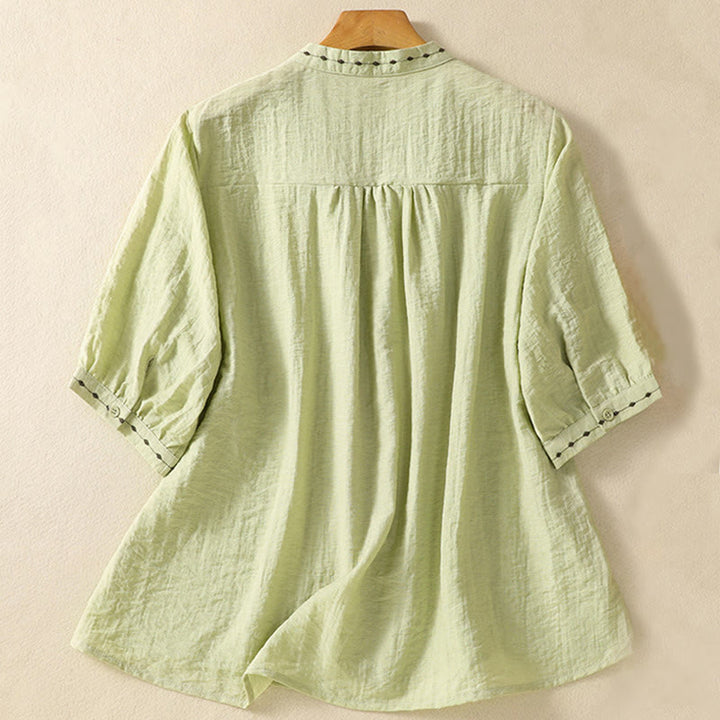 Buddha Stones Embroidery Design Cotton Button Women's Crew Neck Shirt - image 1