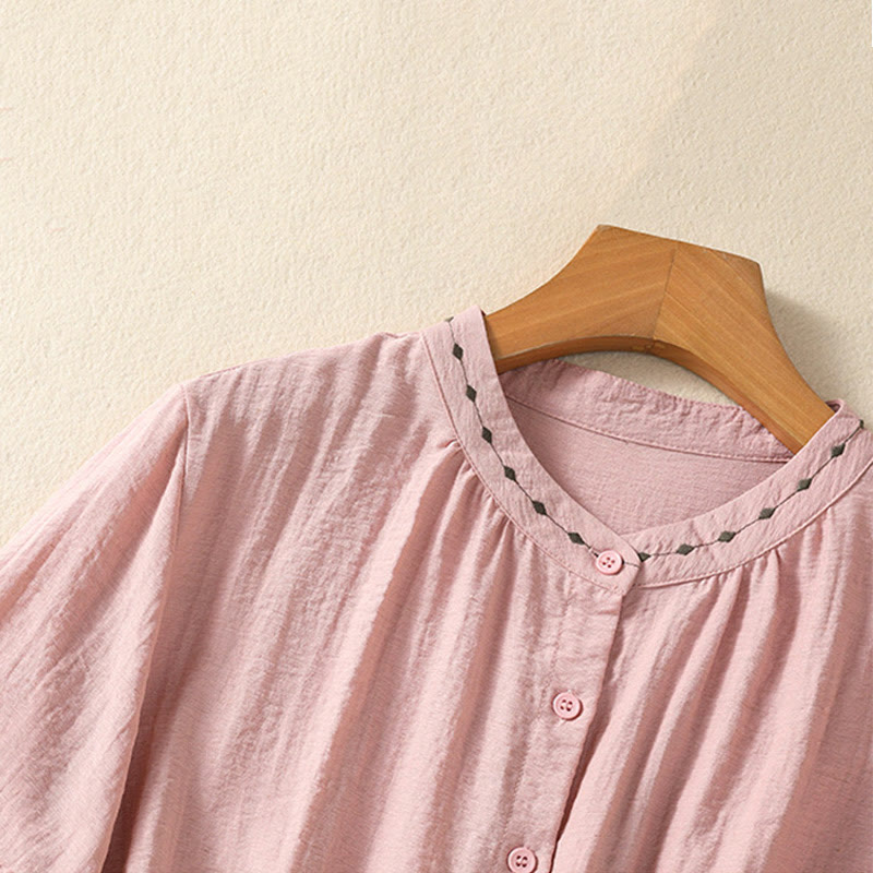 Buddha Stones Embroidery Design Cotton Button Women's Crew Neck Shirt - image 11