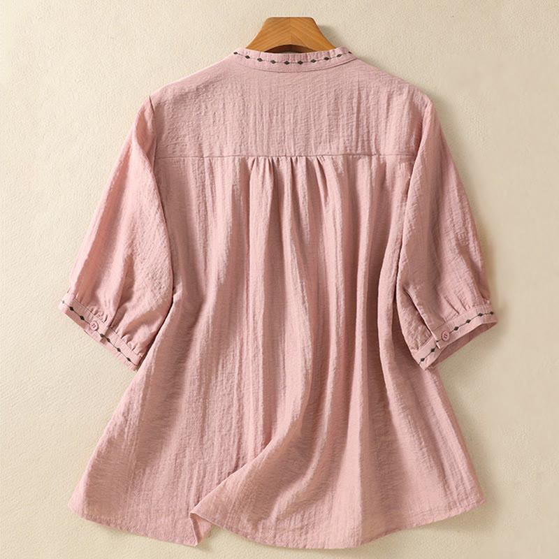 Buddha Stones Embroidery Design Cotton Button Women's Crew Neck Shirt - image 10