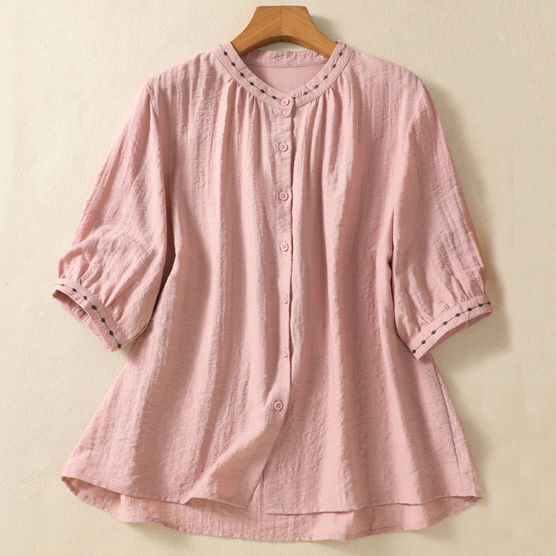 Buddha Stones Embroidery Design Cotton Button Women's Crew Neck Shirt - Pink - US14，UK/AU18，EU46 (2XL) - image 9