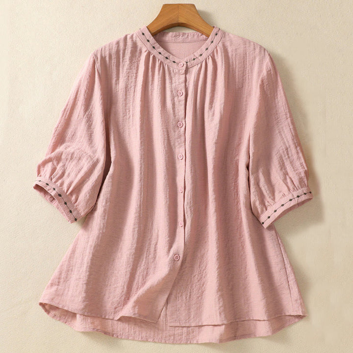 Buddha Stones Embroidery Design Cotton Button Women's Crew Neck Shirt - Pink - US14，UK/AU18，EU46 (2XL) - image 9