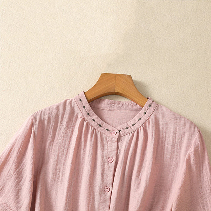 Buddha Stones Embroidery Design Cotton Button Women's Crew Neck Shirt - image 17