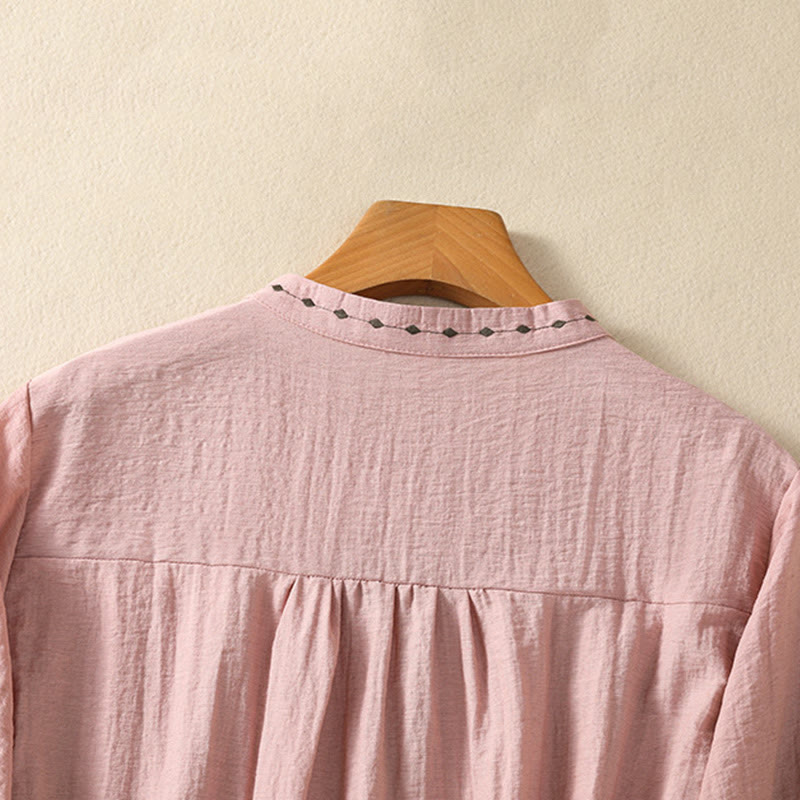 Buddha Stones Embroidery Design Cotton Button Women's Crew Neck Shirt - image 12