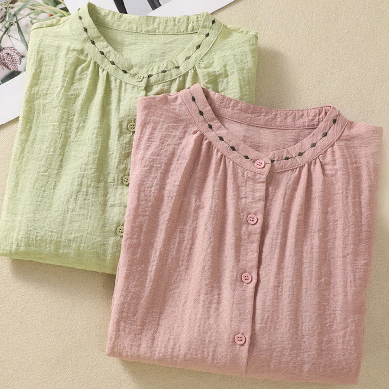 Buddha Stones Embroidery Design Cotton Button Women's Crew Neck Shirt - image 20