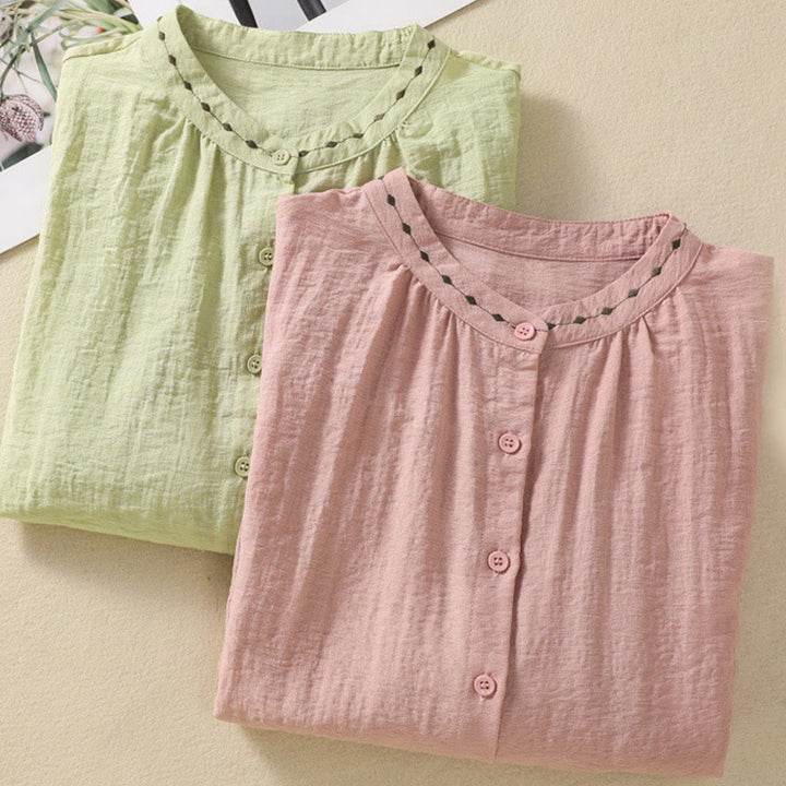 Buddha Stones Embroidery Design Cotton Button Women's Crew Neck Shirt - image 20