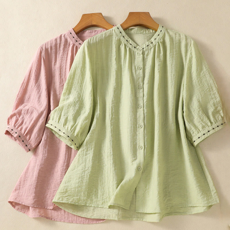 Buddha Stones Embroidery Design Cotton Button Women's Crew Neck Shirt - image 19