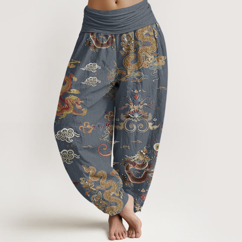 Buddha Stones Pure Cotton Golden Dragons Auspicious Clouds Design Women's Elastic Waist Harem Pants - SteelBlue - US22，UK/AU26，EU54 (6XL) - image 6