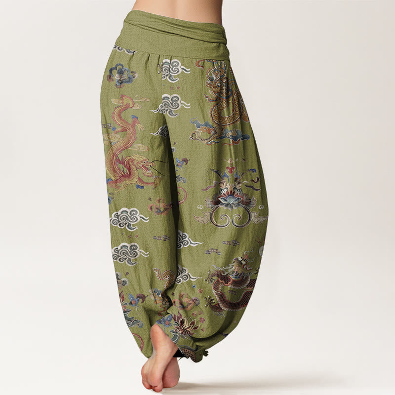 Buddha Stones Pure Cotton Golden Dragons Auspicious Clouds Design Women's Elastic Waist Harem Pants - image 10