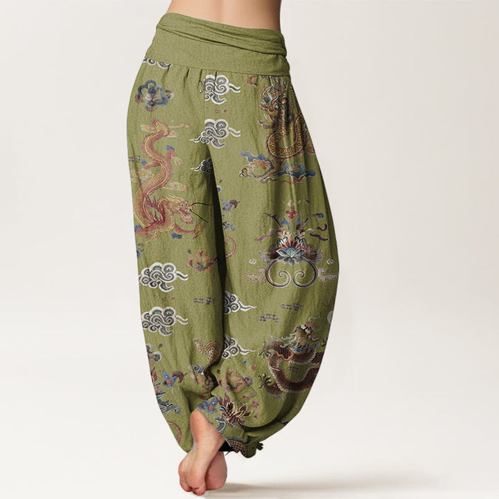 Buddha Stones Pure Cotton Golden Dragons Auspicious Clouds Design Women's Elastic Waist Harem Pants - image 10