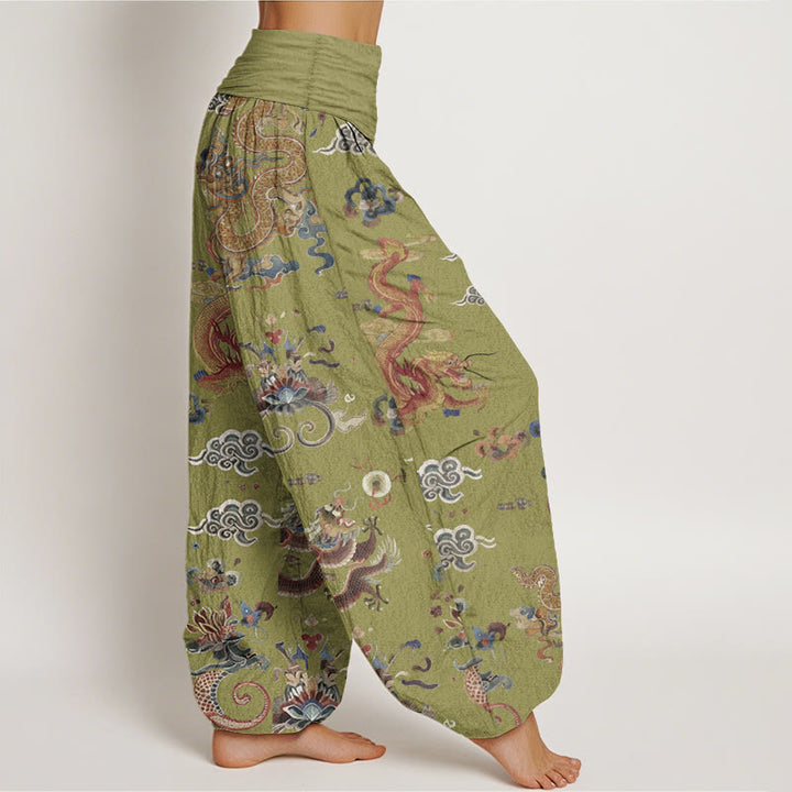 Buddha Stones Pure Cotton Golden Dragons Auspicious Clouds Design Women's Elastic Waist Harem Pants - image 11