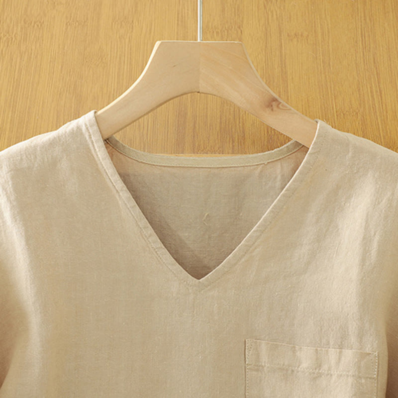 Buddha Stones Casual Plain Women's Cotton Linen V-Neck T-shirt With Pocket - image 1